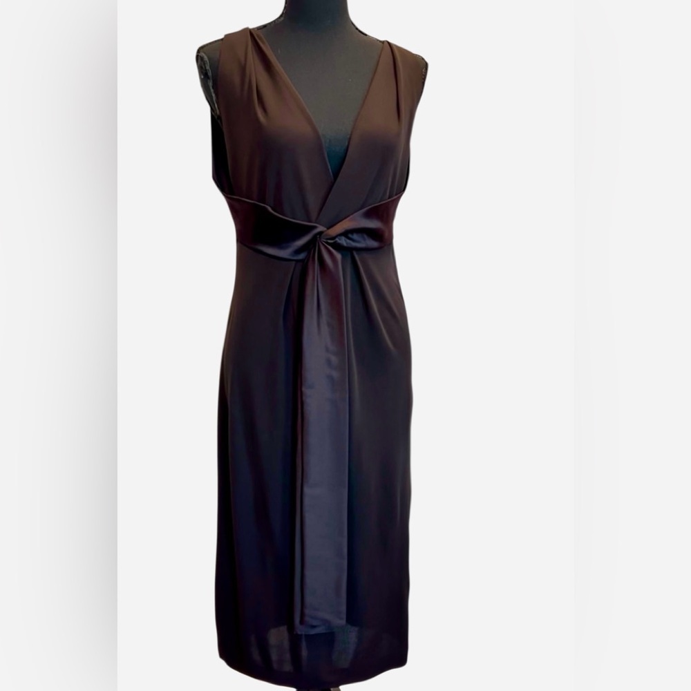 Rozae Nichols Chocolate Brown silk sleeveless V-neck midi dress Sz M formal